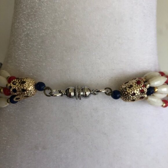 HONG KONG Red White Blue Lucite Bead 6 Strand Vintage Necklace - Picture 8 of 15